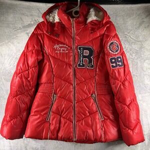 Rocawear Puffer Coat Womens Sz‎ Small Red Hooded Faux Fur Down Winter Logo Y2K